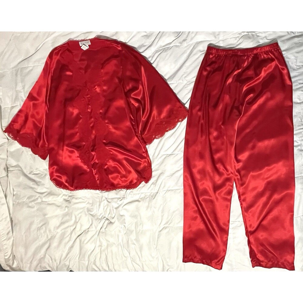 Vintage 90s Val Mode Lingerie Red Satin Pajama Set Old Hollywood Glam Lounge M